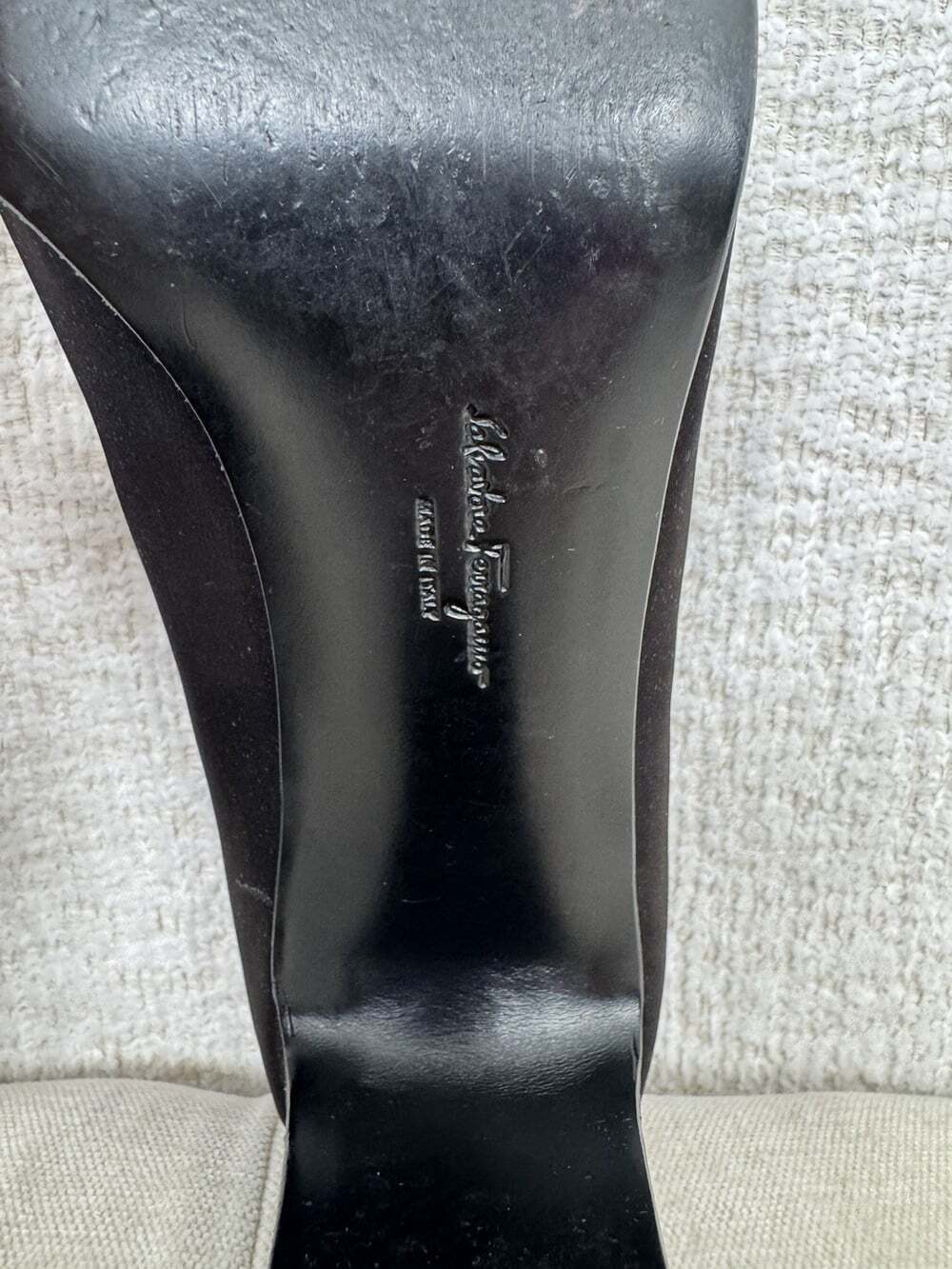 Salvatore Ferragamo 1990s Vintage Black Satin Pumps with Rhinestone Heel Trim S7 - Picture 12 of 15